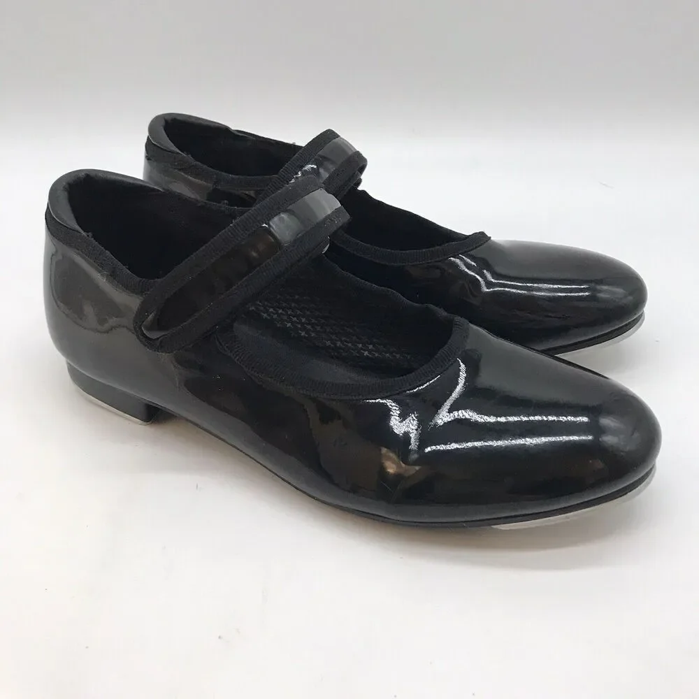 Danskin Freestyle Tap Dance Shoes Girls 13 Black Patent Leather Hook Loop Strap